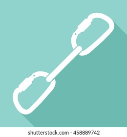 carabiner vector icon with long shadow. White illustration isolated on green background for graphic and web design.