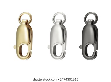 Carabiners as accessories from different materials on a white background. Vector illustration