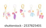 Carabiners with cute charm and trinkets. Bag keychain with pendants. Vector isolated illustration. Childish bibelots. Custom youth accessory. Holder with toys and items.