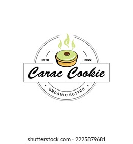 Carac pastry logo vector. Traditional food cake or cookie with organic healthy ingredients. Authentic shortbread pie crust, chocolate, cream and green icing. For food court home made shop bakery house