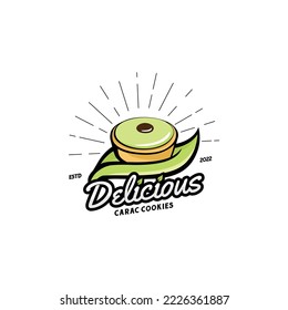 Carac pastry logo vector. Traditional food cake or cookie with organic healthy ingredients. Authentic shortbread pie crust, chocolate, cream and green icing. For food court home made shop bakery house