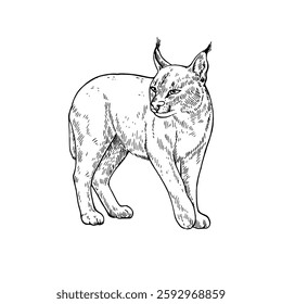 Caracal black and white drawing in ink sketch style. Vector illustration of wildcat isolated on white background.