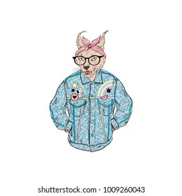 caracal cat girl dressed up in retro denim jacket, anthropomorphic animal illustration