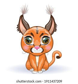 Caracal steppe lynx with beautiful eyes in cartoon style, colorful illustration for children. Caracal cat with characteristic ears, spots and color