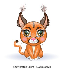 Caracal steppe lynx with beautiful eyes in cartoon style, colorful illustration for children. Caracal cat with characteristic ears, spots and color