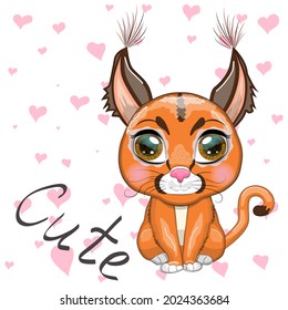 Caracal steppe lynx with beautiful eyes in cartoon style, colorful illustration for children. Caracal cat with characteristic ears, spots and color