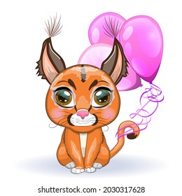 Caracal steppe lynx with beautiful eyes in cartoon style, colorful illustration for children. Caracal cat with characteristic ears, spots and color