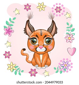 Caracal steppe lynx with beautiful eyes in cartoon style, colorful illustration for children. Caracal cat with characteristic ears, spots and color