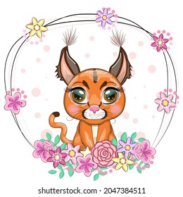 Caracal steppe lynx with beautiful eyes in cartoon style, colorful illustration for children. Caracal cat with characteristic ears, spots and color