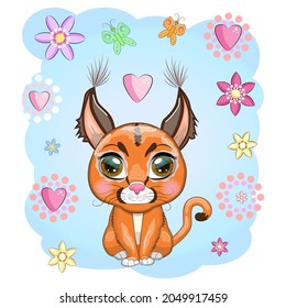 Caracal steppe lynx with beautiful eyes in cartoon style, colorful illustration for children. Caracal cat with characteristic ears, spots and color