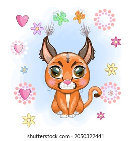 Caracal steppe lynx with beautiful eyes in cartoon style, colorful illustration for children. Caracal cat with characteristic ears, spots and color