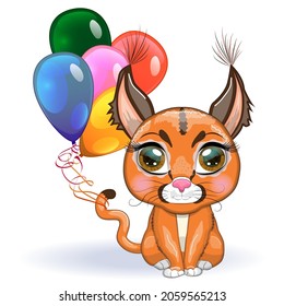 Caracal steppe lynx with beautiful eyes in cartoon style, colorful illustration for children. Caracal cat with characteristic ears, spots and color