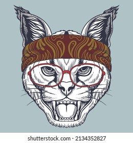 Caracal wild cat hand drawn wearing a red glasses and bandana for your company or brand