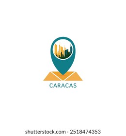 Caracas city map pin point geolocation modern skyline vector logo icon isolated illustration. Venezuela pointer emblem with landmarks and building silhouettes