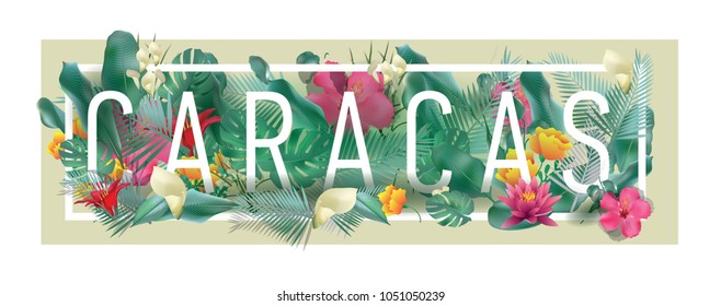 CARACAS City Typographic Floral Framed Vector Card Design
