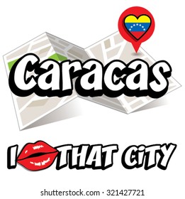 Caracas. I Love That City. Vector Illustration with country flag.