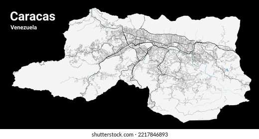 Caracas map. Detailed map of Caracas city administrative area. Cityscape panorama. Royalty free vector illustration. Road map with highways, rivers.