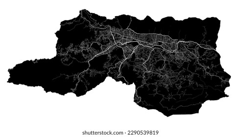 Caracas map. Detailed vector map of Caracas city administrative area. Cityscape poster metropolitan aria view. Black land with white roads and avenues. White background.