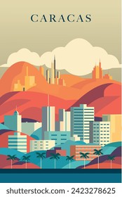 Caracas retro city poster with abstract shapes of skyline, buildings at sunrise or sunset. Vintage Venezuela capital metropolitan travel vector illustration