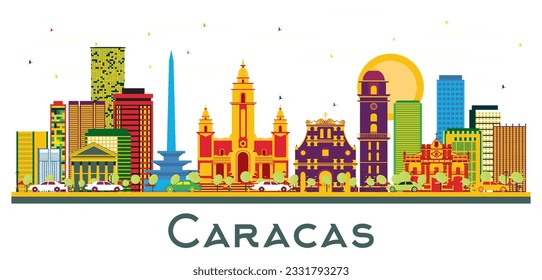 Caracas Venezuela City Skyline with Color Buildings Isolated on White. Vector Illustration. Business Travel and Tourism Concept with Historic Buildings. Caracas Cityscape with Landmarks.