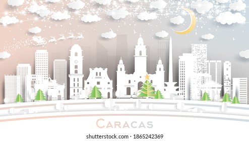 Caracas Venezuela City Skyline In Paper Cut Style With Snowflakes, Moon And Neon Garland. Vector Illustration. Christmas And New Year Concept. Santa Claus On Sleigh.