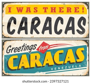 Caracas Venezuela retro carteles colocados sobre textura de metal antiguo. Diseño de souvenirs vintage para viajes y vacaciones. Saludos desde la disposición de la tarjeta vectorial de Caracas.