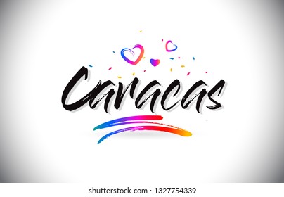 Caracas Welcome To Word Text with Love Hearts and Creative Handwritten Font Design Vector Illustration.