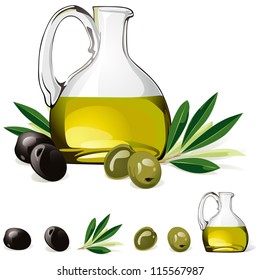 carafe with olive oil, green and black olive isolated on white background