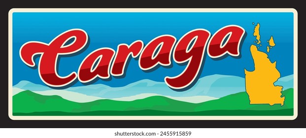 Caraga administrative region, Philippines territory landscape with mountains. Vector travel plate, vintage tin sign, retro welcome postcard or signboard. Old card or magnet with map of area