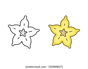 Carambola cutaway doodle icon. Linear and color version. Hand drawn simple illustration of star fruit. Contour isolated vector pictogram on white background