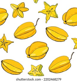 Carambola. Fruit seamless pattern with Carambola. Design for fabric, textile, wallpaper, packaging.	
