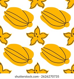 Carambola. Fruit seamless pattern with Carambola. Design for fabric, textile, wallpaper, packaging. Hand drawn flat illustration isolate on white.