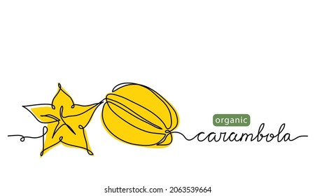 Carambola fruit simple color vector illustration. One continuous line art drawing with lettering organic carambola fruit.