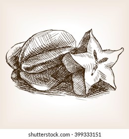 Carambola fruit sketch style vector illustration. Old engraving imitation. Carambola fruit hand drawn sketch imitation