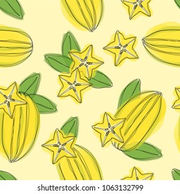 Carambola fruit sliced seamless pattern on yellow background. Vector illustration of tropical plant.