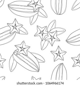 Carambola fruit sliced seamless pattern. Stylized colorful star fruit. Vector hand draw illustration.