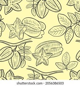 Carambola hand engraved seamless pattern. Background with exotic tropical fruits. Template for wallpaper, packaging, paper and fabric.