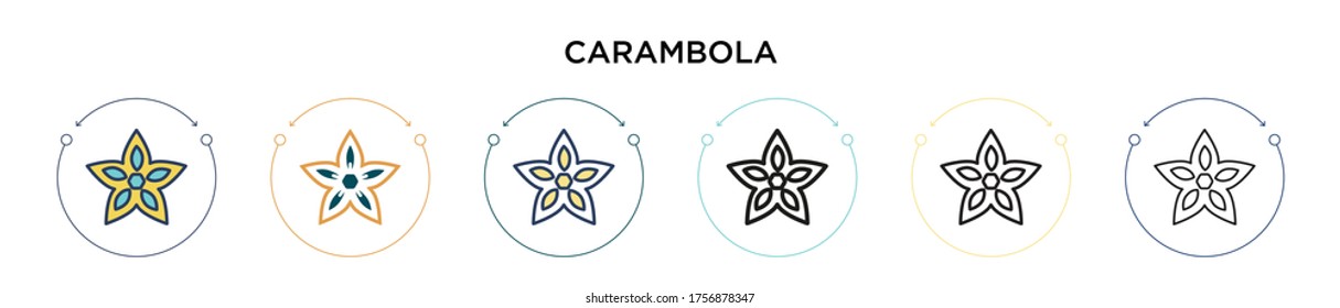 Carambola icon in filled, thin line, outline and stroke style. Vector illustration of two colored and black carambola vector icons designs can be used for mobile, ui, web