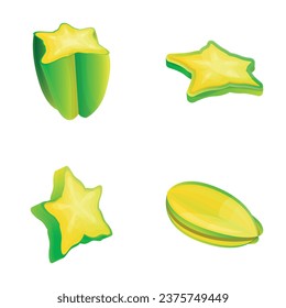 Carambola icons set cartoon vector. Fresh exotic starfruit. Raw food, healthy nutrition