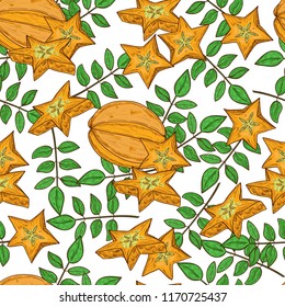 Carambola. Leaves, fruit. Background, wallpaper, seamless. Color pattern. White background. Sketch.