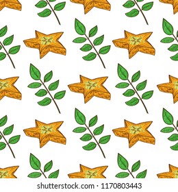 Carambola. Leaves, fruit. Background, wallpaper, seamless. Color. White background. Sketch.