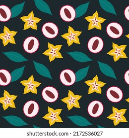 El carambola y el linche son un patrón impecable. Ilustración dibujada a mano brillante con rodajas de fruta y hojas verdes. Impresión tropical para tela, papel envolvente, decoración de cocina, diseño de menú. Arte vectorial aislado