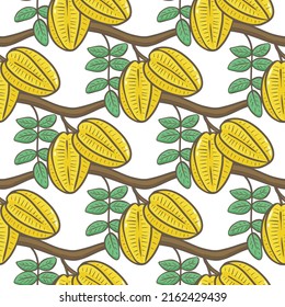 Carambola on branches with leaves seamless pattern. Bright yellow fruits grow on tree background. Print exotic tropical fruits for fabric, wrapping and design vector