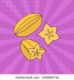 Carambola on lilac background. Pop art hand drawn poster. Stock vector illustration.