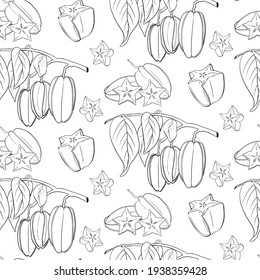Patrón carambola sin fisuras. Un trozo de carambola. Frutos tropicales exóticos. Vector, Esbozo de Ilustración Botánica. Comida ecológica. Supercomida.