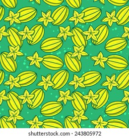 Carambola seamless pattern. Starfruit tiled texture. Endless vector tropical fruit background.