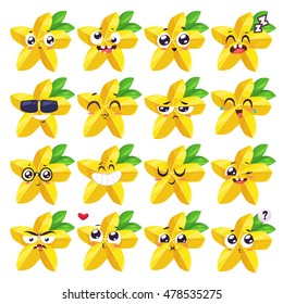 Carambola set of funny smiles. Fruit and food collection. Vector cartoon illustration. Cute stylish characters.