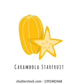 Carambola star fruit flat vector illustration. Cartoon slices of exotic, tropical fresh fruit. Clipart with typography. Isolated icon for healthy cooking menu, logo design element
