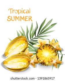 Carambola star fruit and pineapple slices Vector watercolor. Tropic juicy banner posters