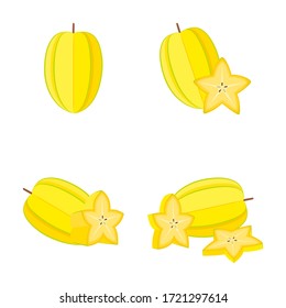 Carambola (star fruit), whole fruit, half, slice, vector illustration